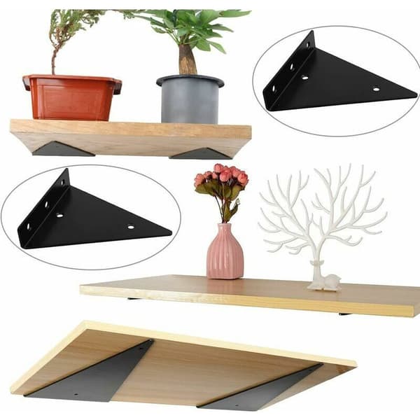 Black Metal Floating Wall Shelf with Invisible Triangular Bracket. Max Load 30 kg. Quick Installation. 2-pack.