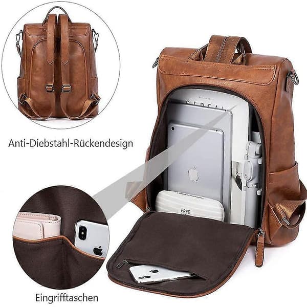 Anti-theft Leather Backpack for Women, Handbag, Daypack, Brown