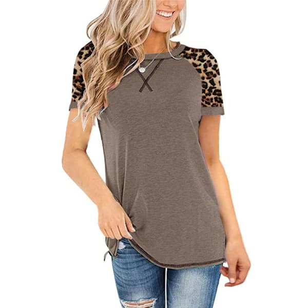 Printed Seams, Short Sleeve Round Neck Top, Coffee, 4XL