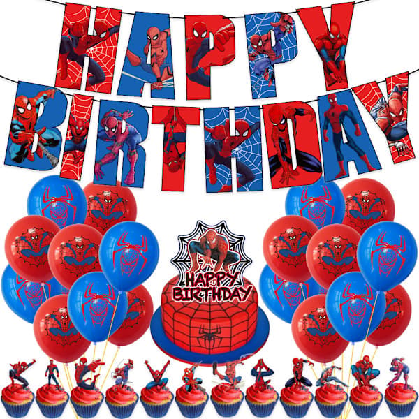 Bursdagsbanner, vimpel, ballonger, festdekorasjoner med Spiderman-tema