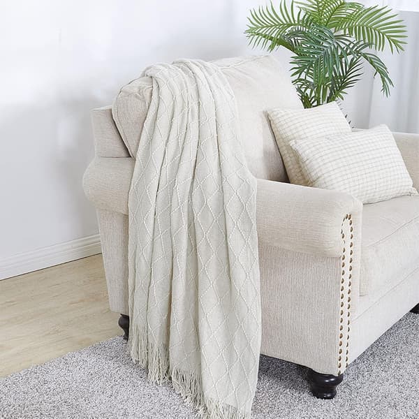 Textured Solid Soft Sofa Cover Sofa Throw Knitted Decorative Blanket, Beige, 127x152cm