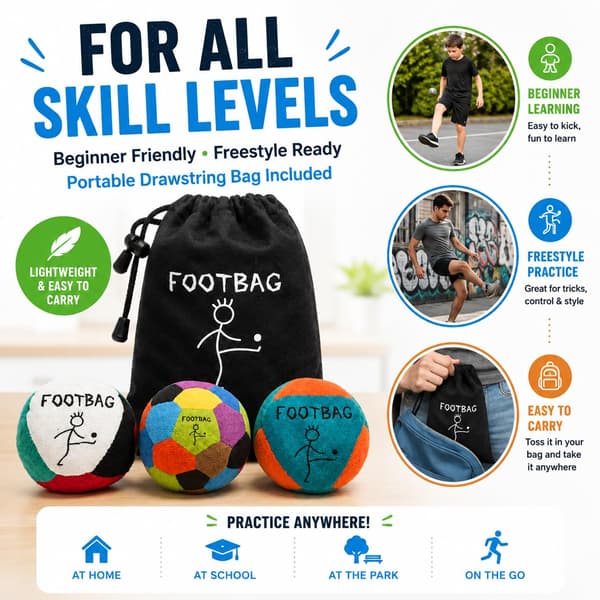 3-pakning Hacky Footbag-sett, 2,7 oz syntetiske semskede sekker i voksenstørrelse