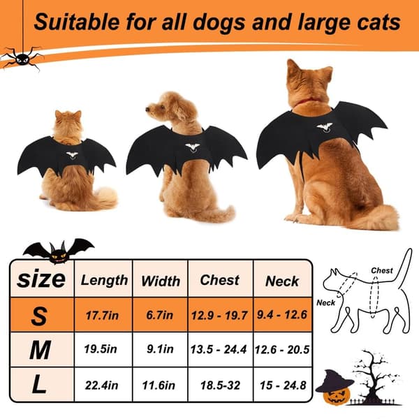 (S) Cat Bat Wings, Cat Halloween Costume with Pumpkin Bell, Adjustable