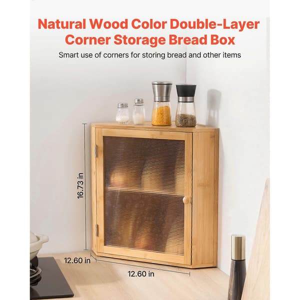 Corner Bread Box for Kitchen Counter, Double Layer Large Capacity Bamboo Bread Storage Container with Acrylic Wavy Door, Natural
