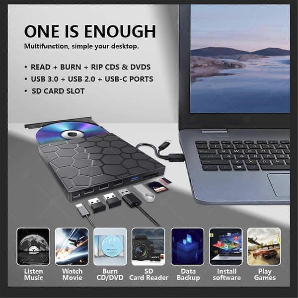 Ekstern CD/DVD-stasjon, 7-i-1 USB 3.0 CD/DVD-ROM +/-RW CD-brenner for bærbar PC, 11/10/8/7 Linux