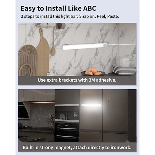 2-in-1 LED Kitchen Under Cabinet Lighting, USB Rechargeable & 5V DC Powered, 40cm Self-Adhesive Motion Sensor Light Strip, Wireless LED Strip