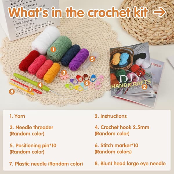 Crochet Kit for Beginners Adults, 6 Pcs Coasters Beginner Crochet Kit, Crochet Starter Kit, Crochet Flower Coasters