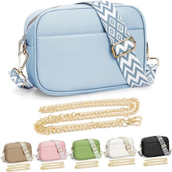 Women's Shoulder Bag, Small Leather Shoulder Bag, Women's Camera Handbag, Shoulder Bag with Replaceable Wide Guitar Strap Blue Blue Blue Blue