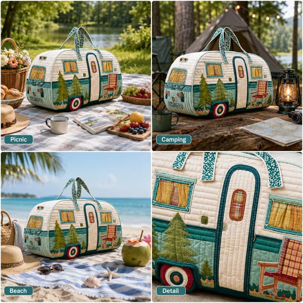 Söt valp quiltad duffelväska, blommig patchwork-reseväska för camping, picknick, kortare resor och daglig förvaring Camper Pine Tree 1 Camper Pine Tree 1