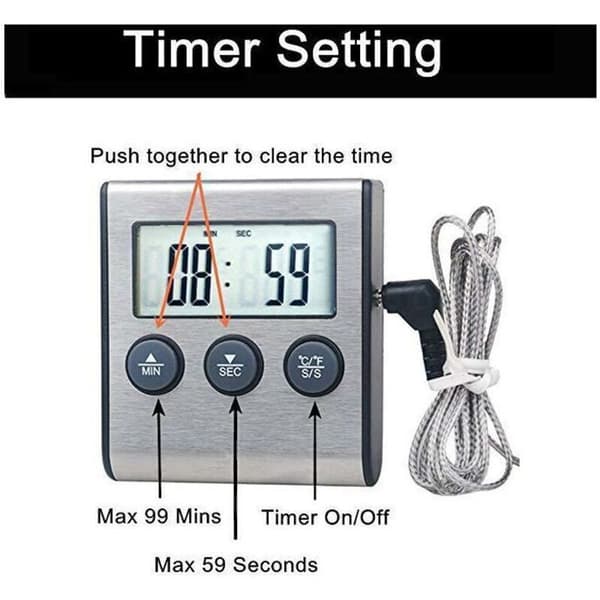 Large LCD Screen Digital Kitchen Thermometer. Long Probe for Oven and Grill. Meat Cooking Temperature Alarm Timer Tool.