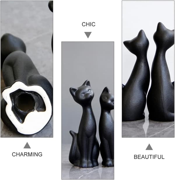 2 stk sort keramisk kattefigur kattepar statue keramik en
