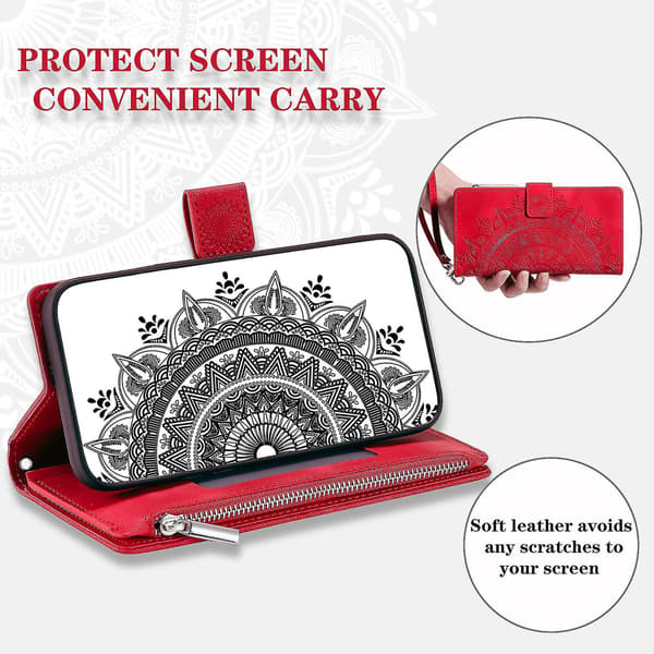 For Samsung Galaxy A54 5G PU Leather Mandala Flower Embossed Wallet Case with Zipper, Stand Function and Multiple Card Slots with Strap - B6 Red