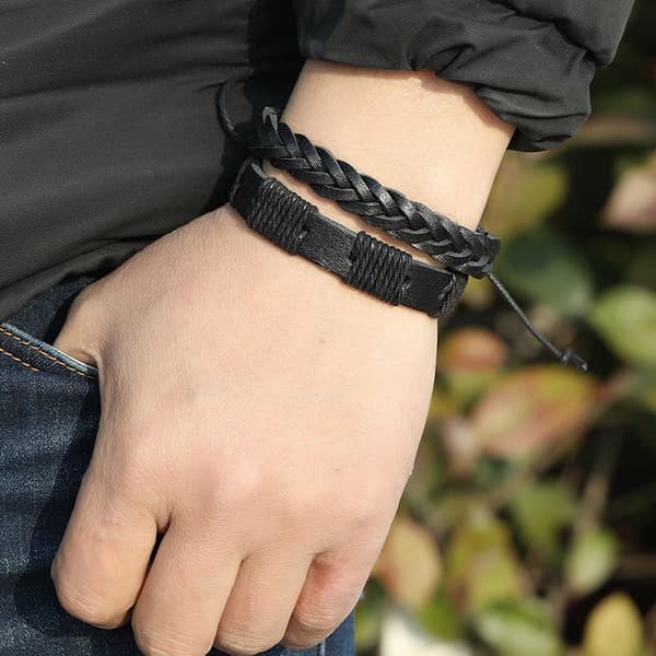 Håndlavede læderarmbånd, 5-pak sorte
