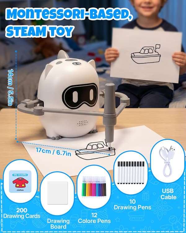 Tegnerobot for barn 3-8 år, Smart skanning, Musikk, 200 tegnekort