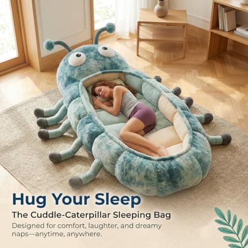 Caterpillar Sleeping Bag for Adults, Plush Cocoon Chair with Adjustable Drawstring, Portable Sleeping Bag for Indoor Napping, Reading, Dorms, Bedrooms Blue blue
