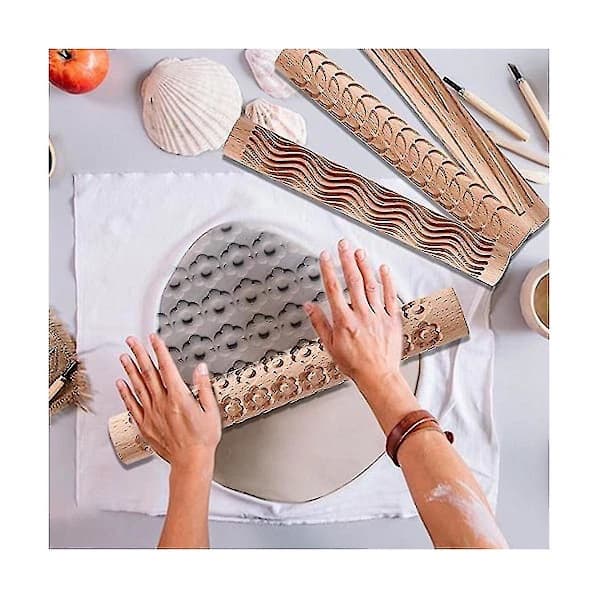 Newway 6 Wood Clay Modeling Pattern Rollers Kit, Clay Rolling Pin Textured Hand Roller Wood Handle Pottery Tools SetBY