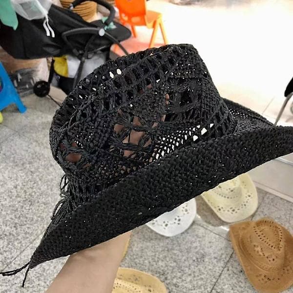 Straw Hat Ventilated Hollow Round Foldable Western Cowboy Beach Hat Photo Prop-FA13- White White White