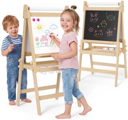 Foldbart staffeli til børn med tavle og whiteboard, naturlig Natural