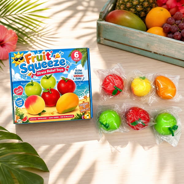 6-pack fruktiga Squishy Stressleksaker, blandade äpple citron apelsin mango långsamt stigande sensoriskt fidget-set