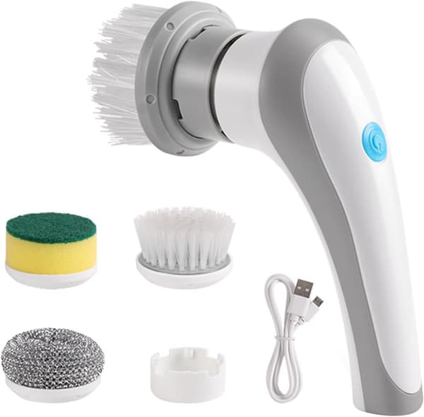 (White) Handheld Electric Rotary Scrubber, 3 Replaceable Brush Heads