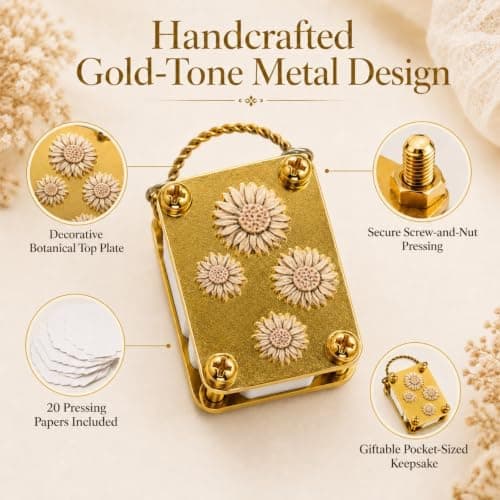 Mini Flower Press Keychain - Handmade Gold Metal Micro Press Kit with 20 Sheets Sunflower Sunflower