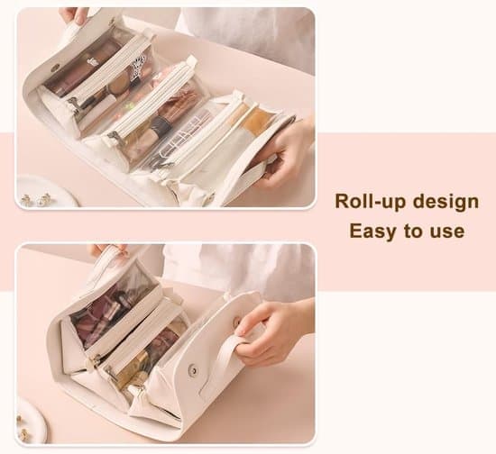 Makeup Bag - Waterproof Cosmetic Bag - Travel Toiletry Bag with 4 Removable Transparent Compartments - 4-in-1 Rollable Large Capacity
