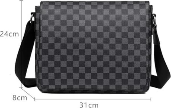 Men's Shoulder Bag, PU Leather Water-Resistant Scratch-Resistant Shoulder Bag with Adjustable Strap for Work Travel, Black Grey Plaid