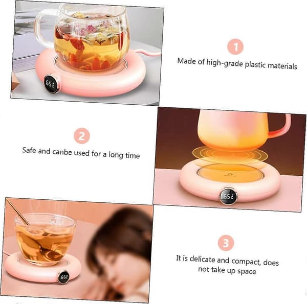 USB-kaffekoppvarmer med temperaturkontroll, elektrisk koppvarmer for hjemmekontor, rosa