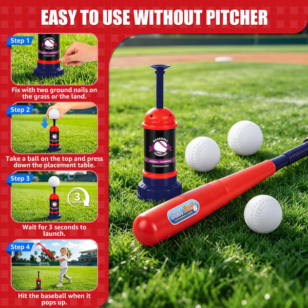 Pop-up baseball-kouluttaja, baseball-syöttölaite mailalla ja harjoituspalloilla