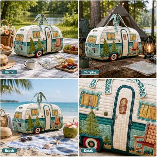 Söt valp quiltad duffelväska, blommig patchwork-reseväska för camping, picknick, kortare resor och daglig förvaring Camper Pine Tree 1 Camper Pine Tree 1
