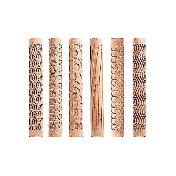 Newway 6 Wood Clay Modeling Pattern Rollers Kit, Clay Rolling Pin Textured Hand Roller Wood Handle Pottery Tools SetBY