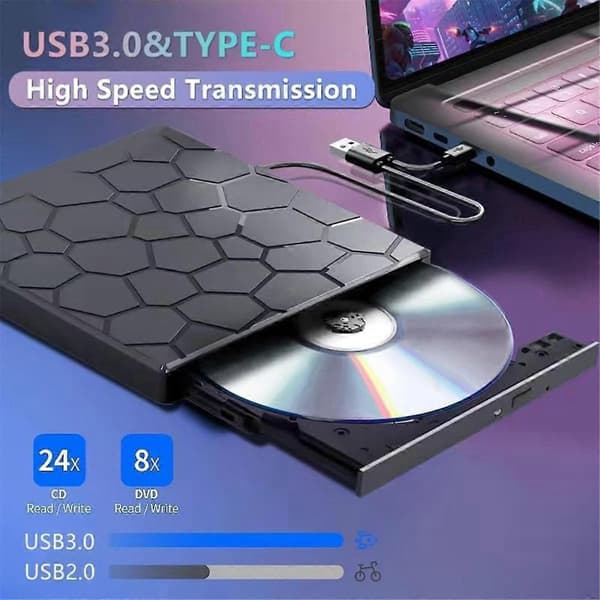 Ekstern CD/DVD-stasjon, 7-i-1 USB 3.0 CD/DVD-ROM +/-RW CD-brenner for bærbar PC, 11/10/8/7 Linux