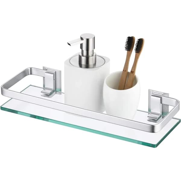 Aluminum Bathroom Shelf with Tempered Glass, Rectangular, 1 Layer, Extra Thick, Silver Sandblasted, Wall Mounted