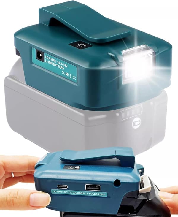 USB-sovitin Makita-akuille, tukee Type-C-pikalatausta matkapuhelimille ja sisältää LED-työvalon
