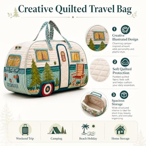 Sød hvalp quiltet duffeltaske, blomstret patchwork rejsetaske til camping, picnic, korte ture og daglig opbevaring Camper Pine Tree 1 Camper Pine Tree 1