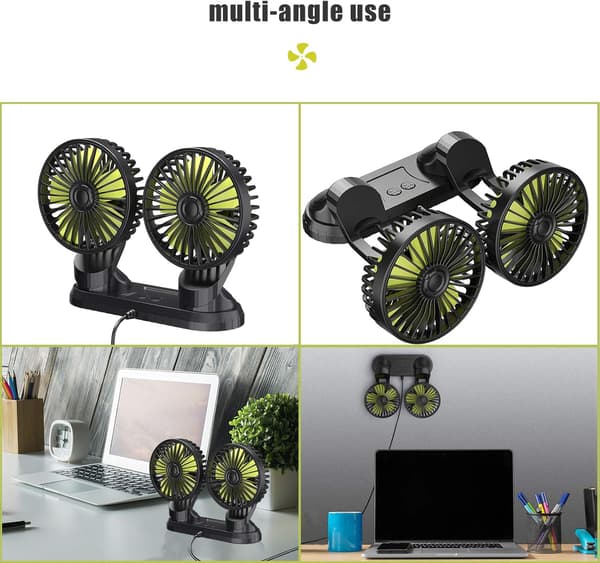 12V Dobbelt Hoved Bilventilator, Bærbar USB-Ventilator til Bil, 360 Graders Rotation
