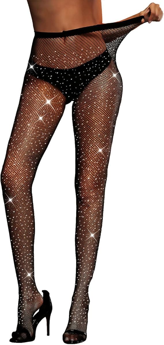 Sexy høye midjetights med glitrende strassfiskenett til fest