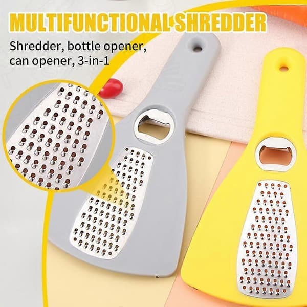 3-in-1 Stainless Steel Can and Bottle Opener with Grater, Ergonomic Kitchen Tool for Weak Hands, 2-pack Grey