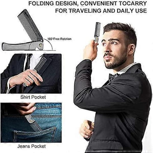 Foldable Beard Comb for Men, Stainless Steel Beard Comb, Moustache Shaped Comb for Household Barber Shop