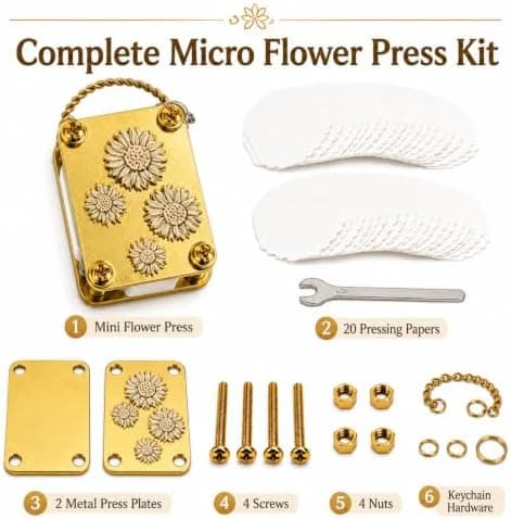 Mini Flower Press Keychain - Handmade Gold Metal Micro Press Kit with 20 Sheets Sunflower Sunflower