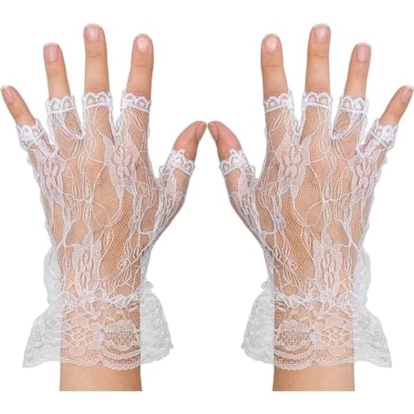 White Fingerless Lace Gloves - Ruffled Fingerless Lace Wedding Gloves