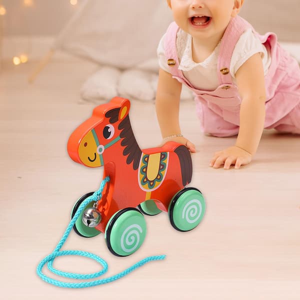 DYNWAVE Push and Pull Toy Wooden Animal Walking Educational Activity Toy Sensory Bell Bidirectional Movement Rounded Edges Suitable, Horse