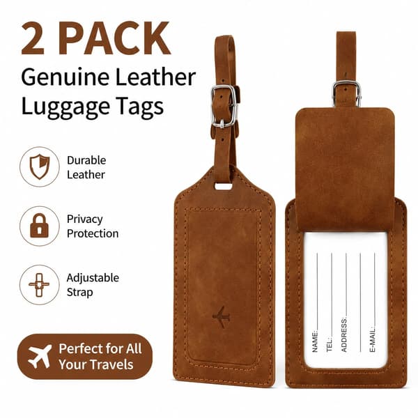 2-pack bagagebrickor i äkta läder, justerbar rem, ID-bagagebrickor i läder för resväskor, hållbara resväskbrickor, resebagagebricka