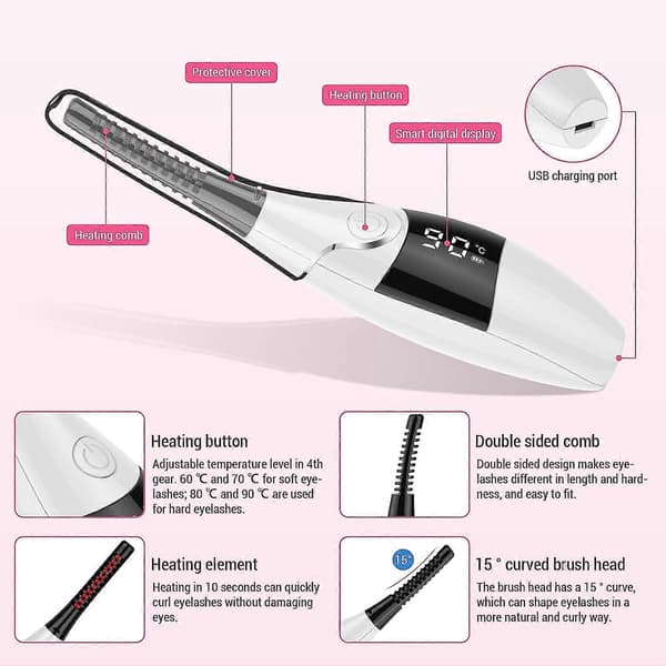 Heated Eyelash Curler Electric Eyelash Curler with USB Rechargeable Heating, 4 Temperature Adjustable, 1 pc