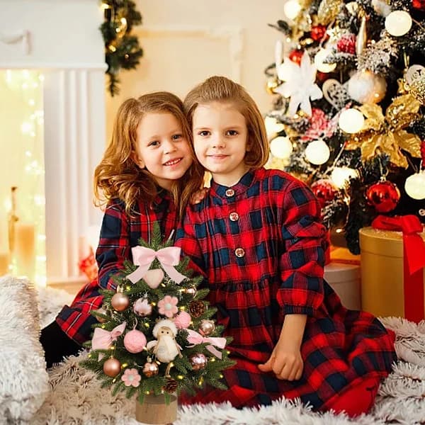 Small Lighted Christmas Trees Luxury Artificial Pine Decorated with Pine Cones, Glittering Balls Pink