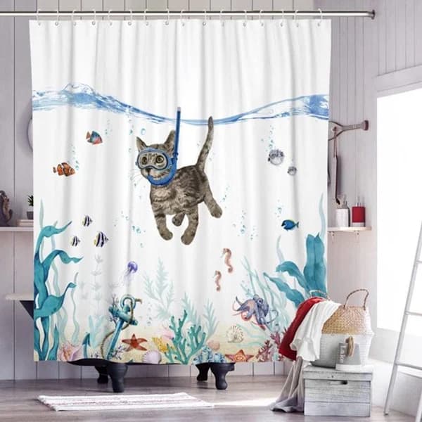 Bruseforhæng - 180 x 180 cm - En kat, der dykker alene - Polyester - Farverig