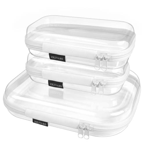 Clear Hard Shell Zippered Makeup Organizer Bags TSA Approved White 3 Pack (M+2S) White 3 Pack (M+2S)