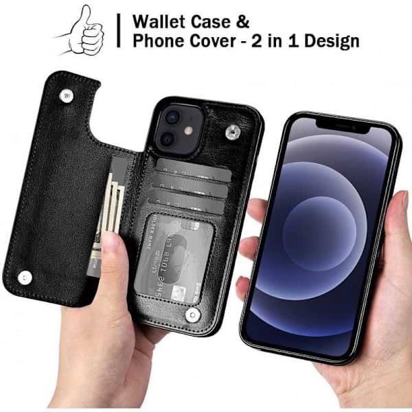 iPhone 12 / 12 Pro Stødsikkert Cover Kortetui 3-RUM Flip Sort Sort Svart