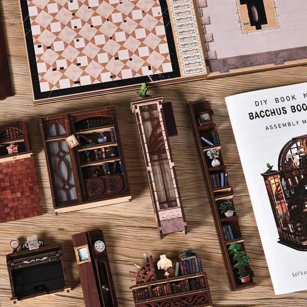 Book Nook Kit - DIY Miniature House for Adults and Teens, 3D Wooden Bookshelf Insert with LED Light, Bookshelf Decoration (Basque Study) Basque Study