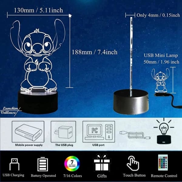 3D - LED Nattlampe med Fjernkontroll (16 Farger)